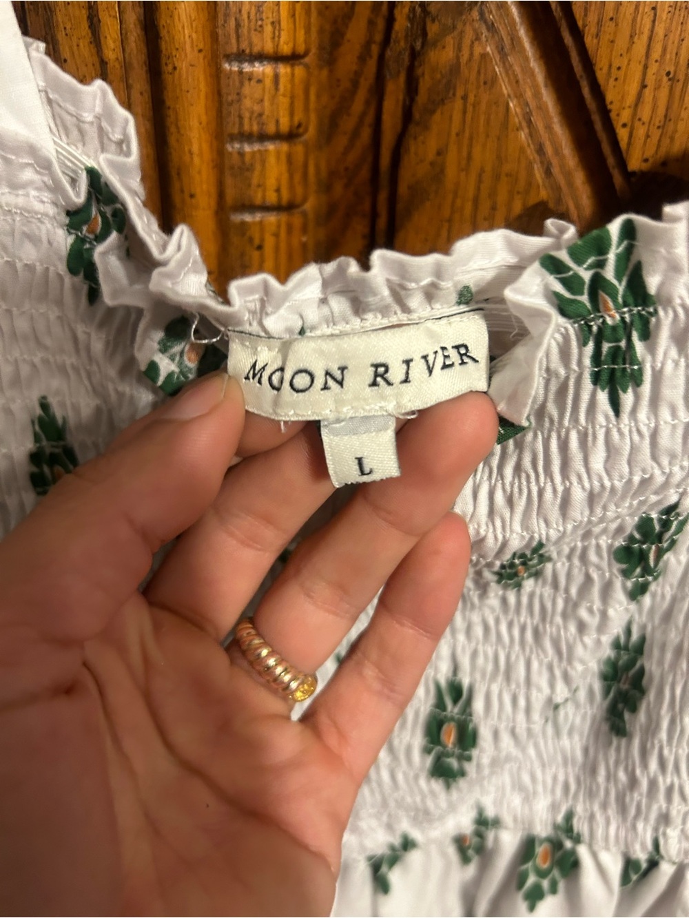 Moon River White Dress with Green Floral Print and Puff Sleeves - Picture 2 of 2